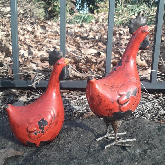 Chickens Rooster Bird Figurines Set of 2 Glazed Pottery Clay Crackled Vintage - Picture 12 of 17